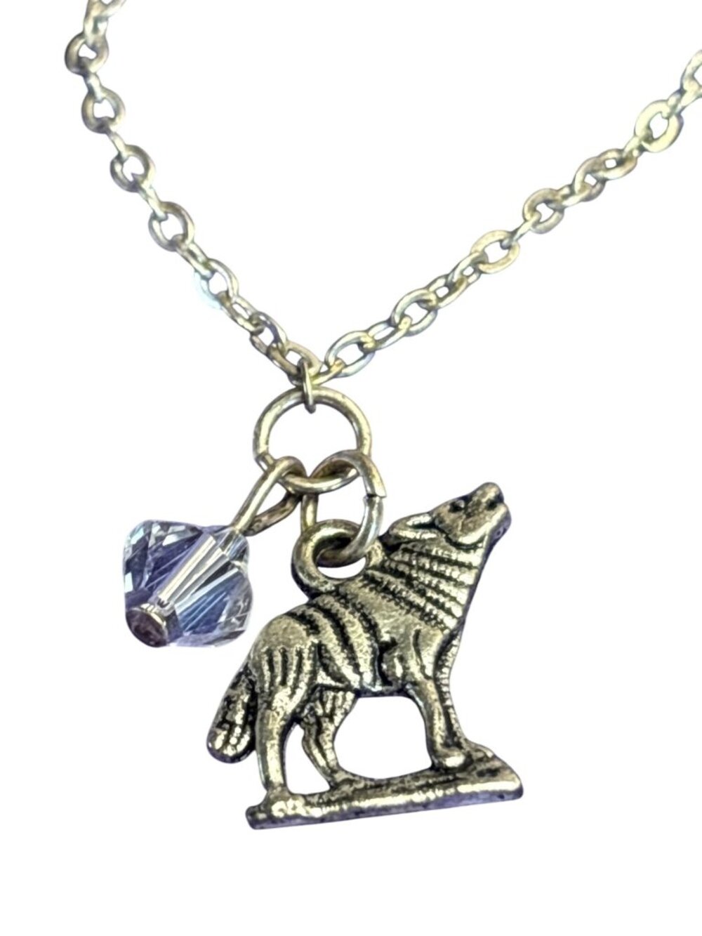 Silvertone Charm Bracelet Howling Wolf Clear Faceted Glass Bead 5.5 - 6.5 inches